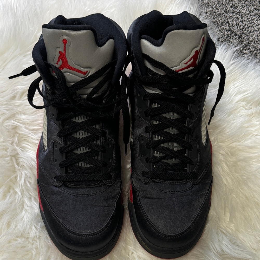 Jordan Men's Black and Gray Sneakers with Red Accents